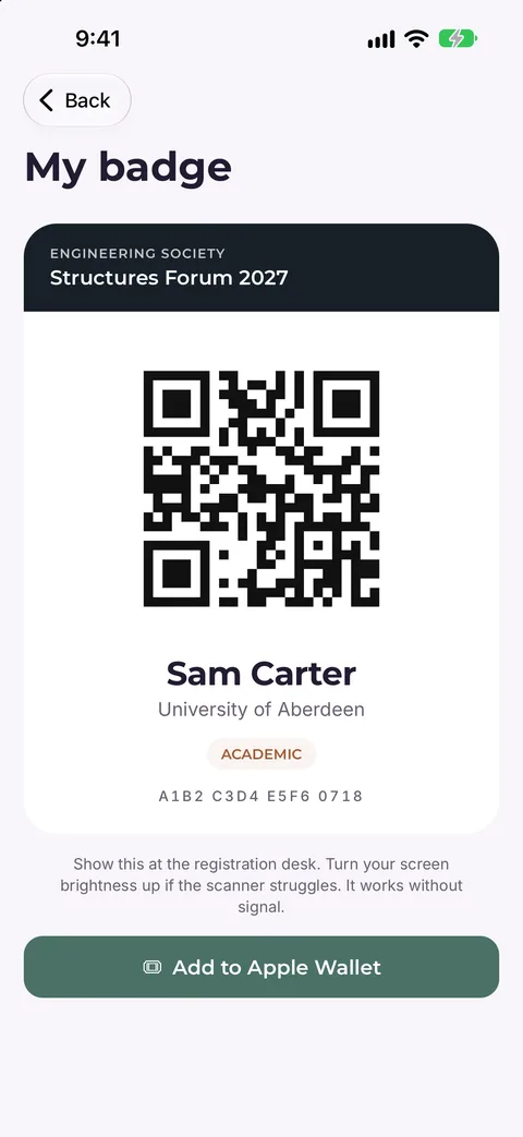 The delegate’s badge with a QR code to show at the registration desk.