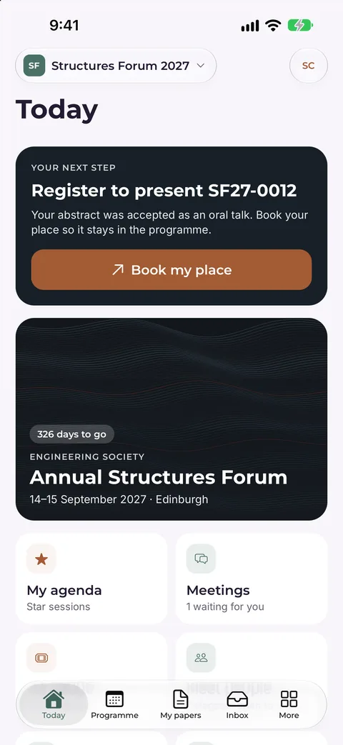 The app’s Today screen for an author: the next step is to register to present their accepted abstract, with a Book my place button.