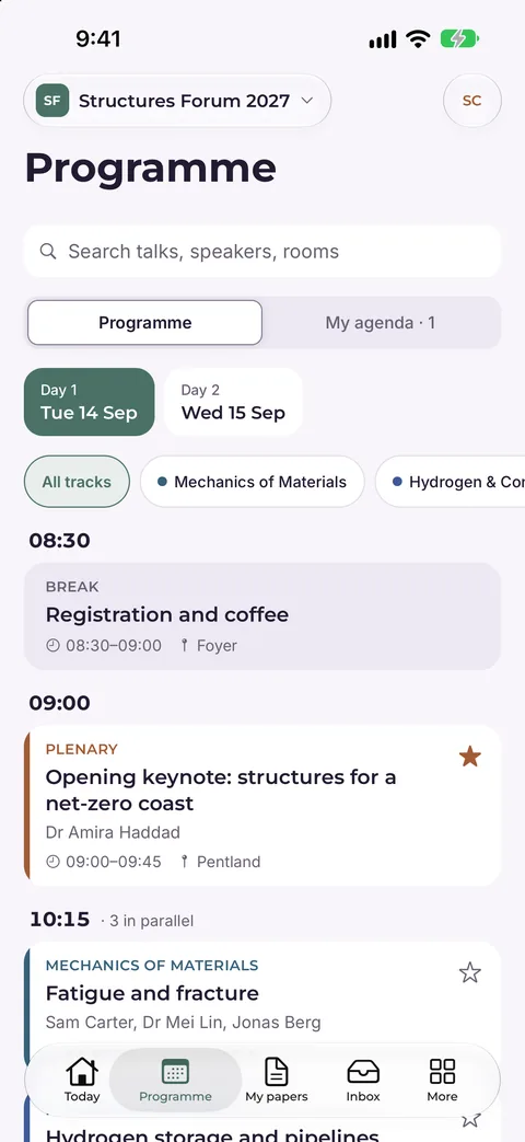 The programme for day one, with the opening keynote starred for the delegate’s own agenda.